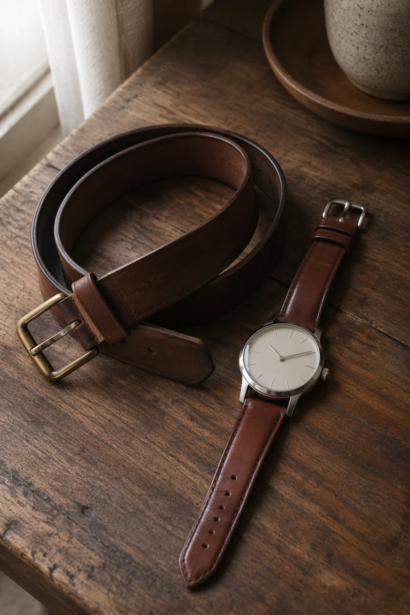 Leather Belt and Classic Watch Still Life