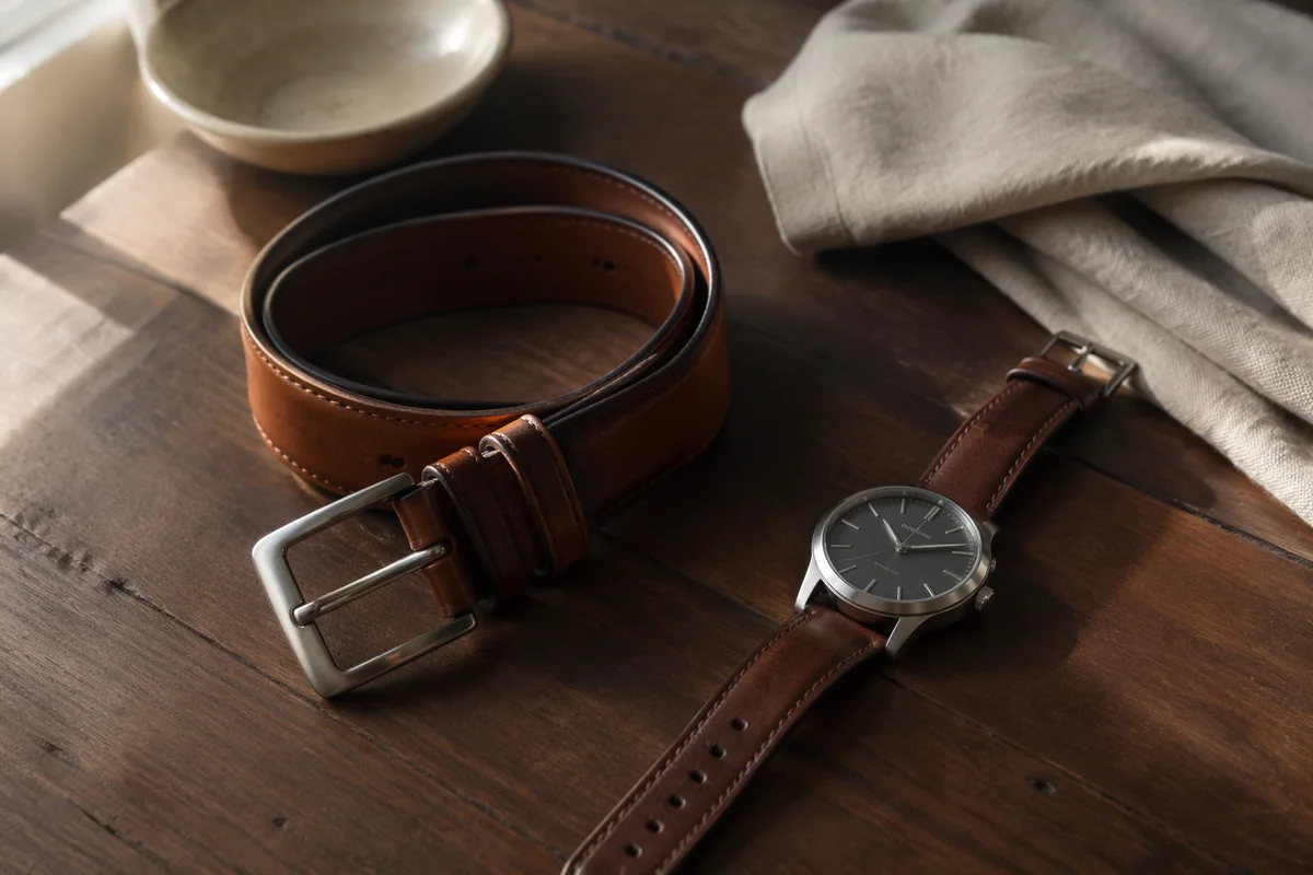 Leather Belt and Watch Flat Lay