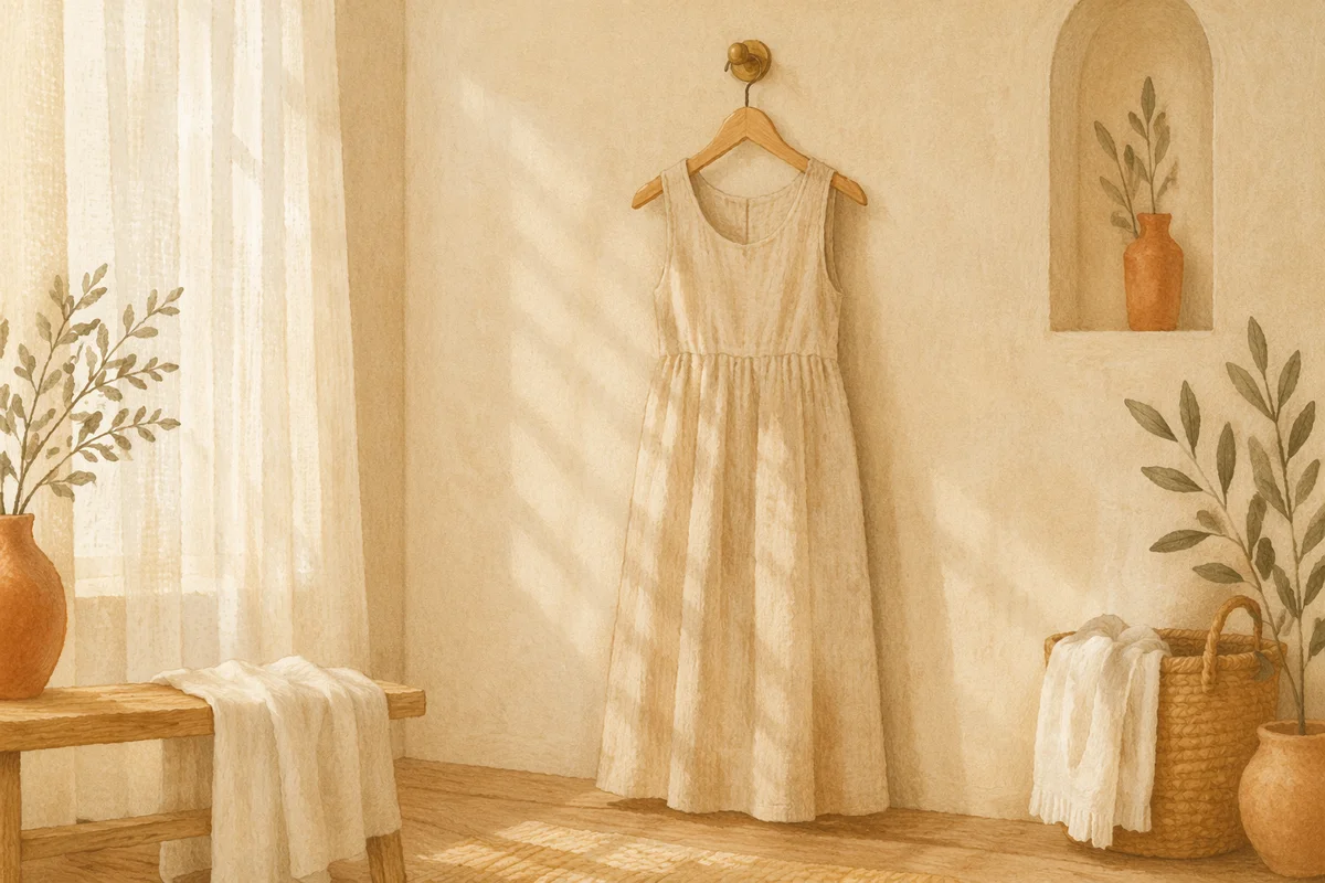 Elegant Linen Dress on Wooden Hanger