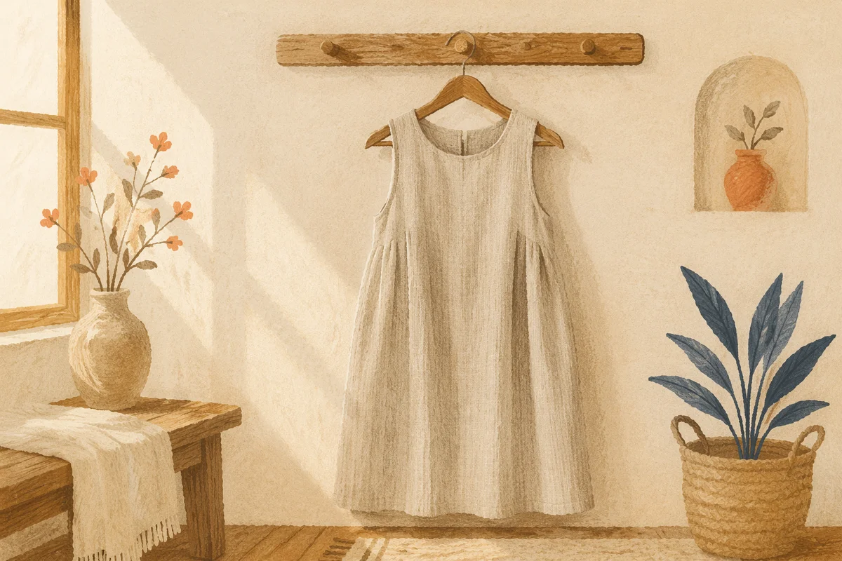 Elegant Linen Dress on Wooden Hanger