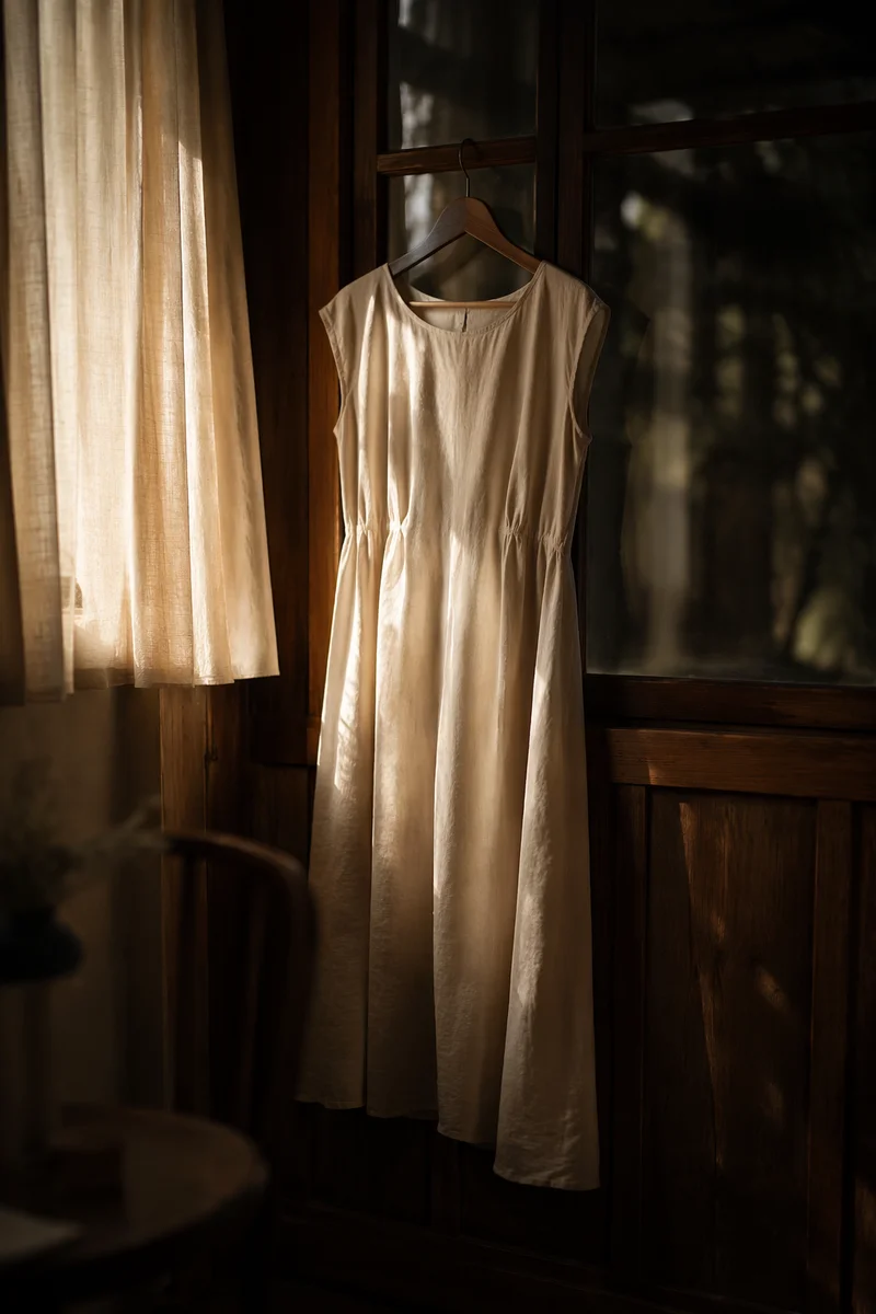 Elegant Cream Linen Dress on Hanger