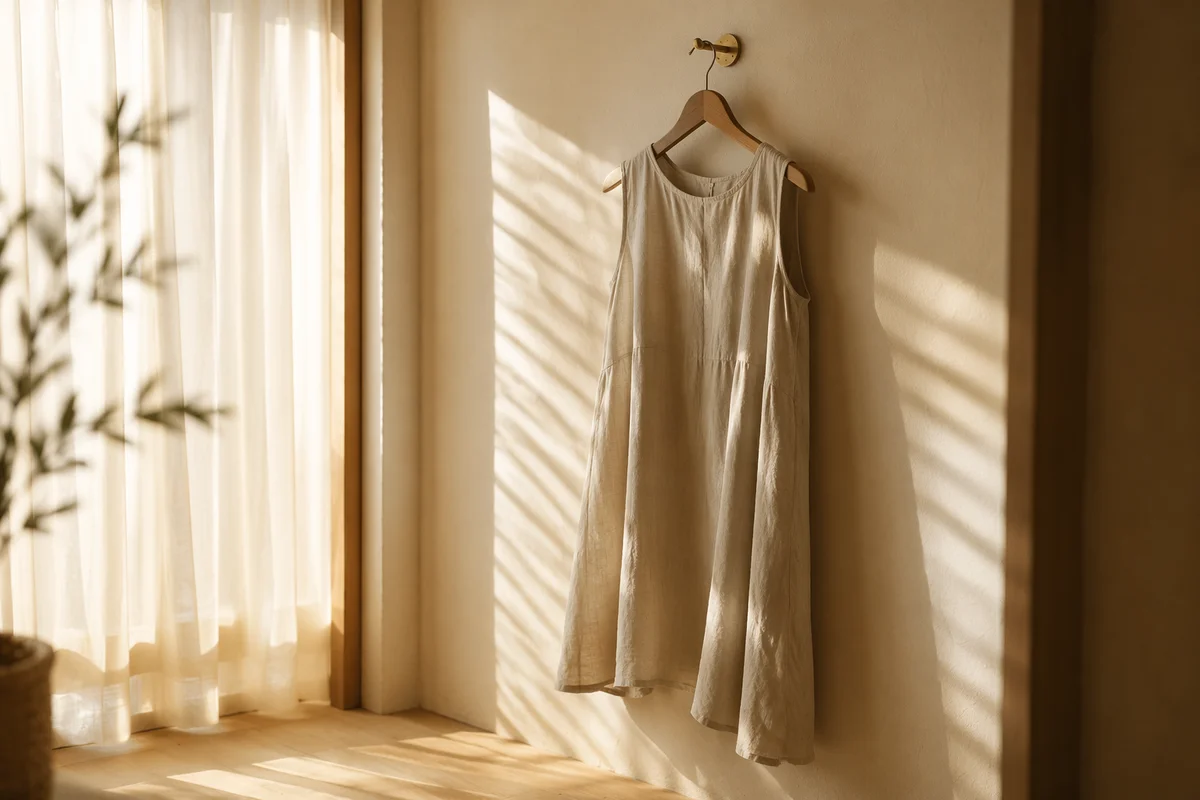 Elegant Linen Dress on Wooden Hanger