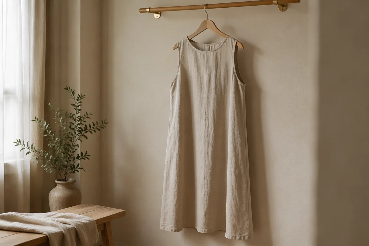 Elegant Linen Dress on Wooden Hanger