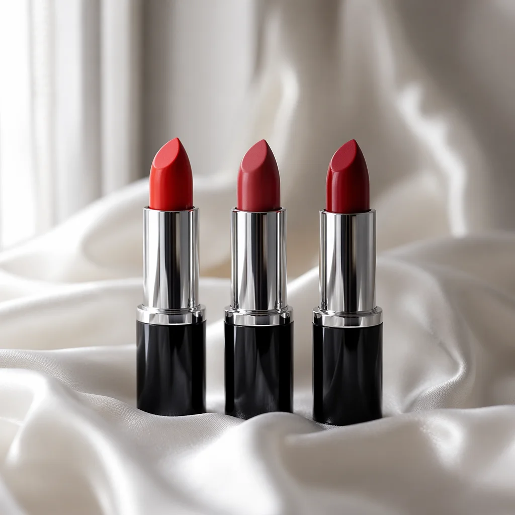 Three Red Lipsticks on White Satin