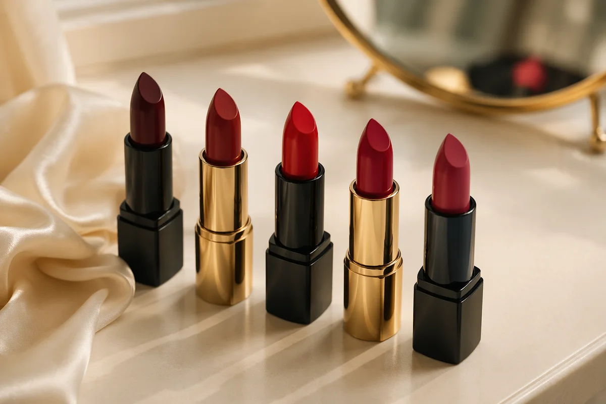 Elegant Red Lipstick Collection on Ivory Vanity