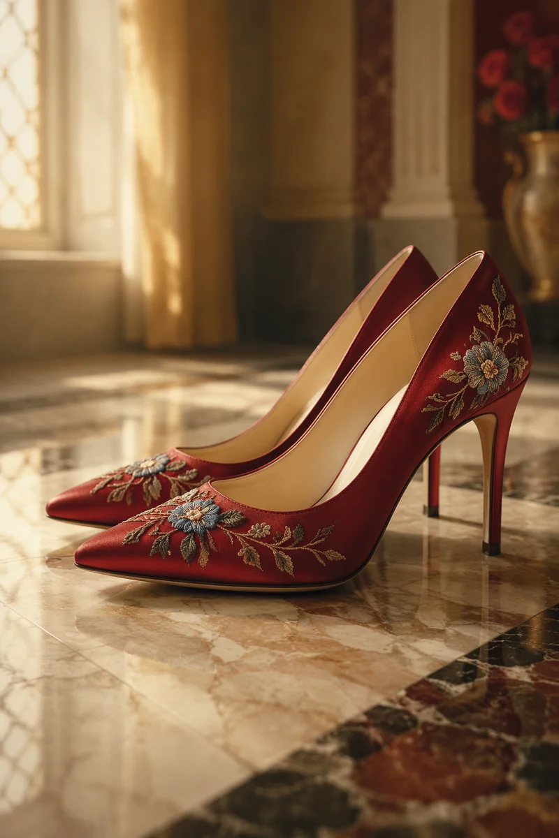 Elegant Crimson Heels on Marble Floor