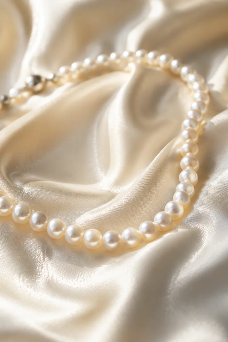 Luminous Pearl Necklace on Ivory Satin