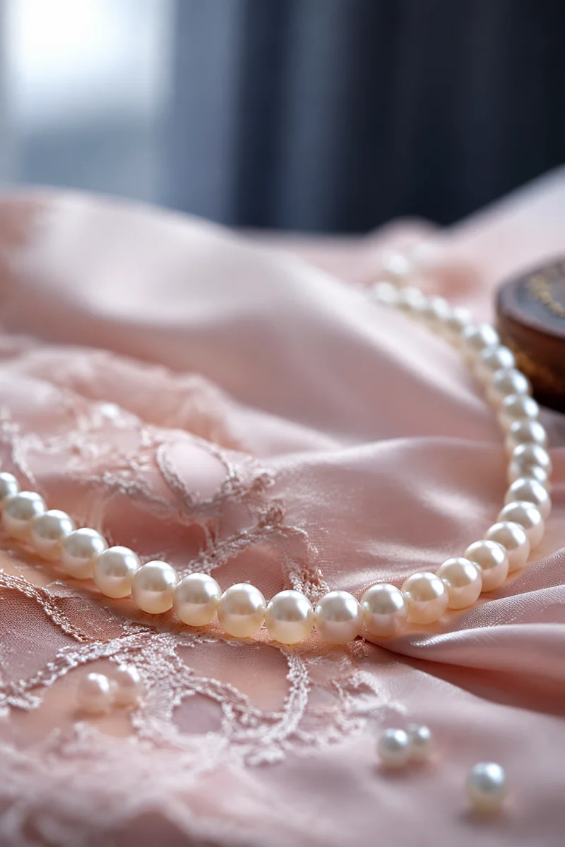 Classic Pearl Necklace on Blush Satin