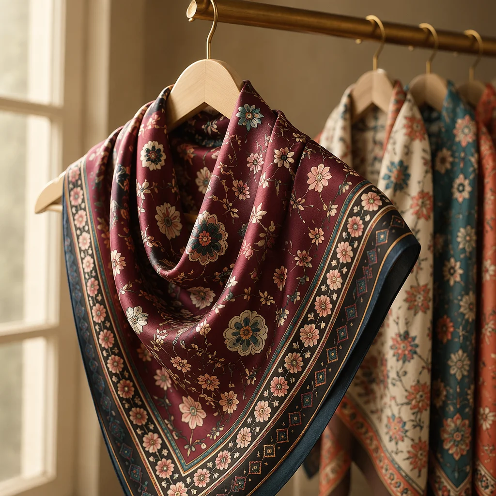 Elegant Silk Scarf on Wooden Hanger