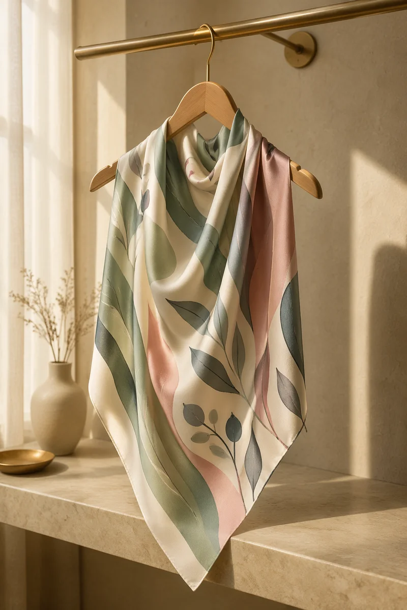 Elegant Silk Scarf on Wooden Hanger