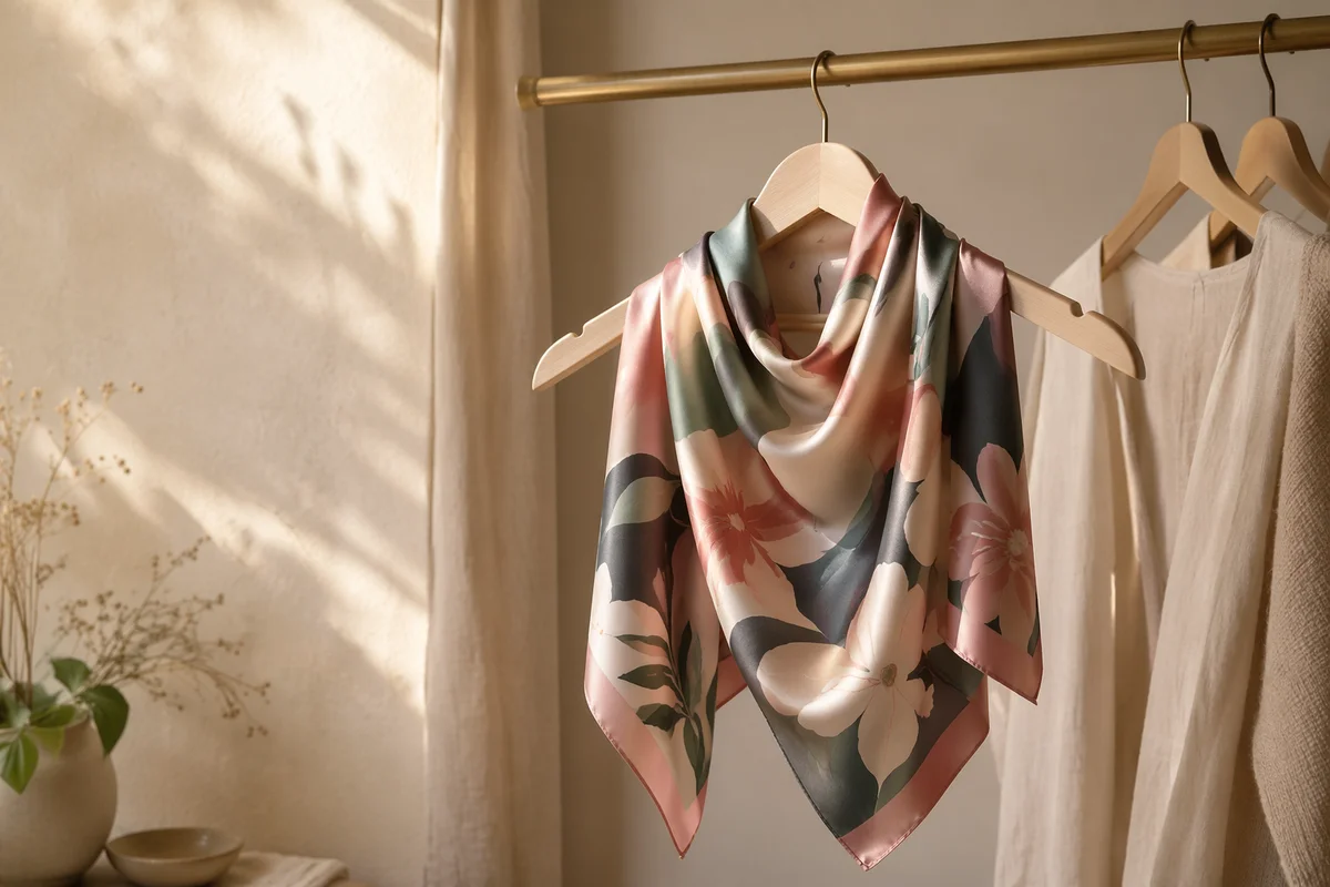 Elegant Silk Scarf on Wooden Hanger