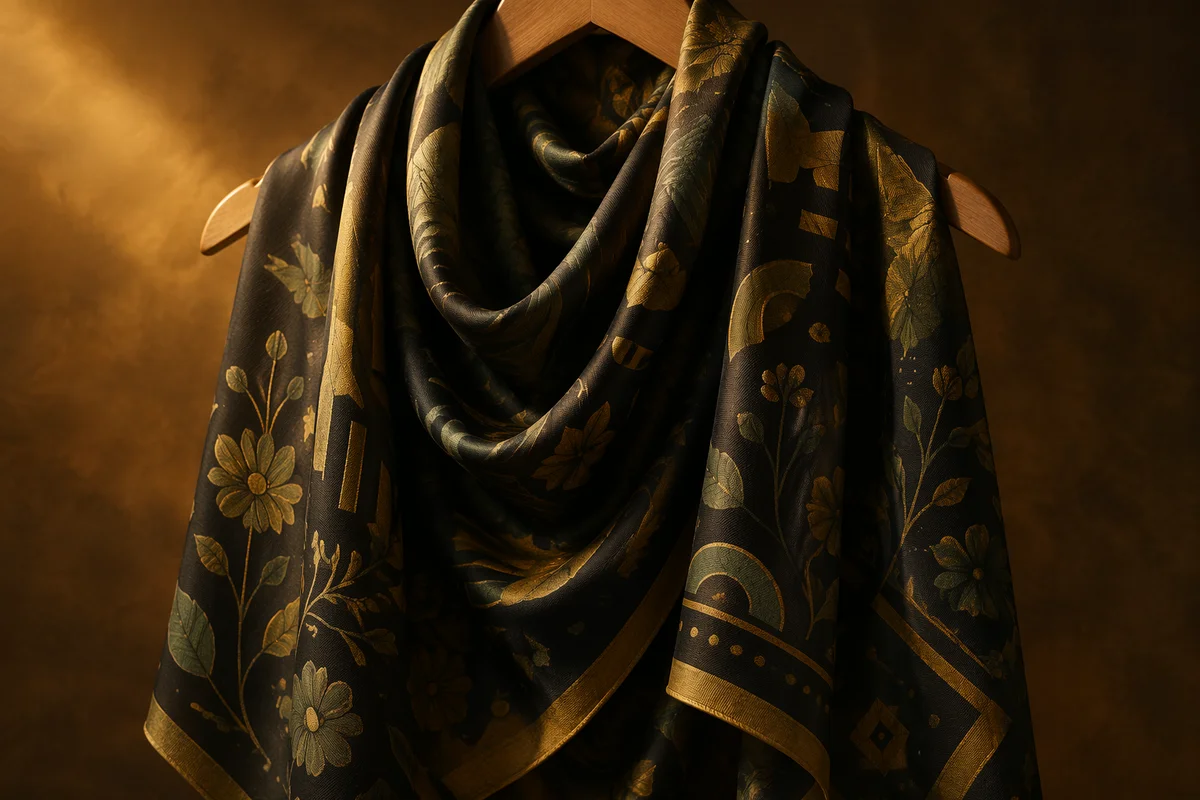 Elegant Silk Scarf on Wooden Hanger