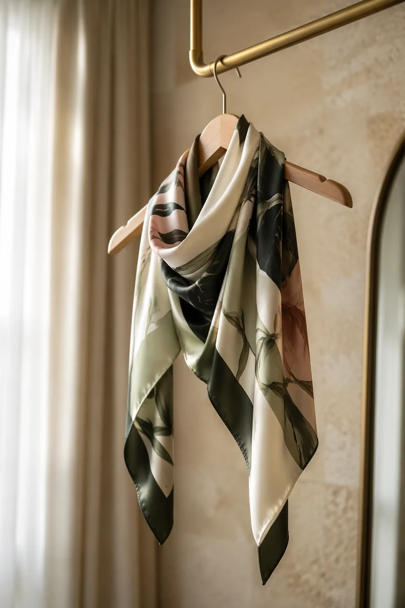 Elegant Silk Scarf on Wooden Hanger