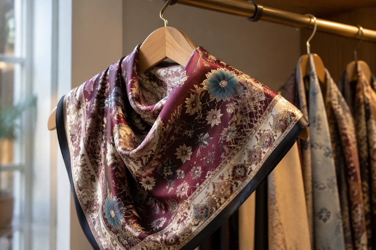 Elegant Silk Scarf on Wooden Hanger
