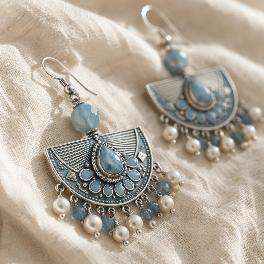 Blue Silver Statement Earrings Macro Close-Up