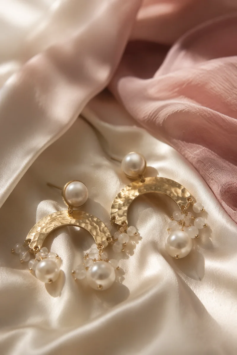 Statement Earrings on Satin Fabric Close Up