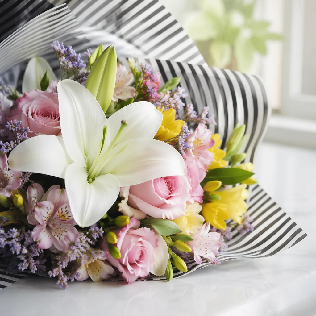 Colorful Fresh Bouquet on White Tabletop