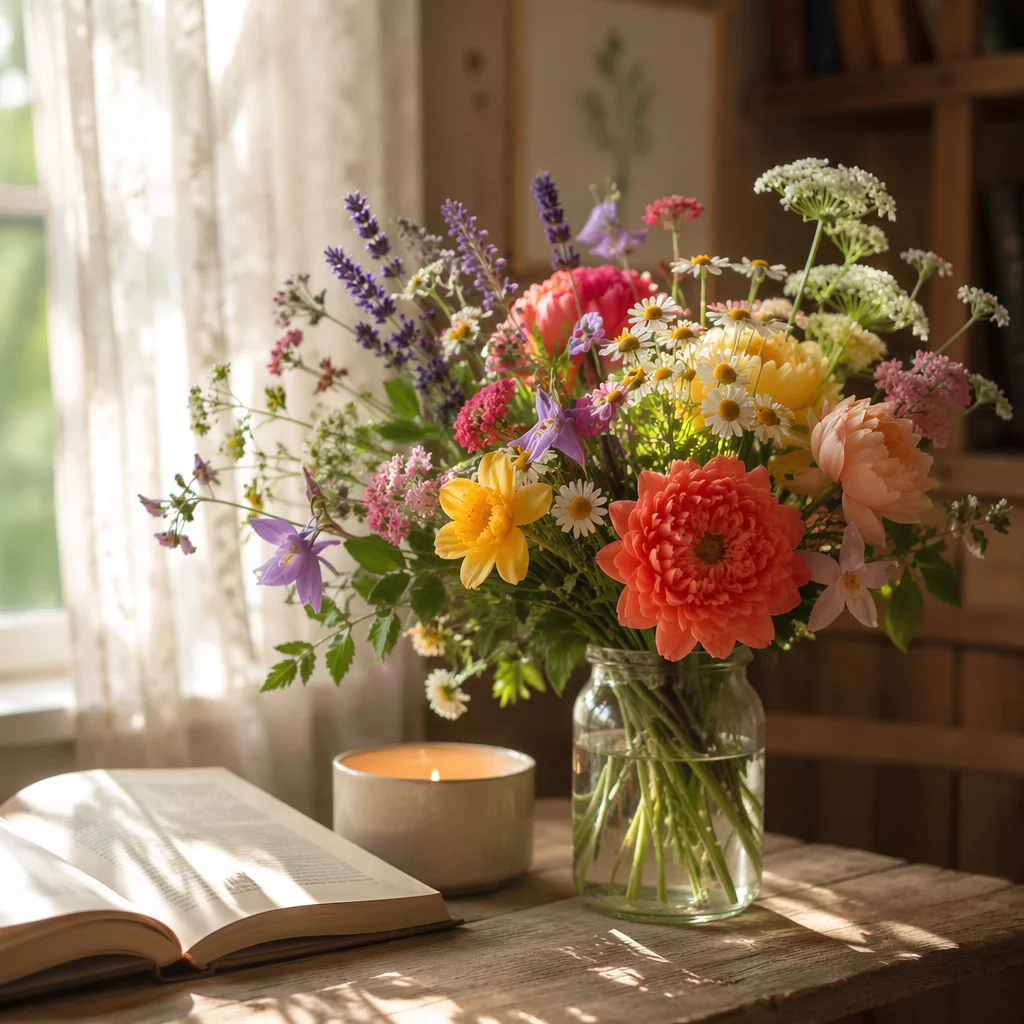 Sunlit Cottage Bouquet with Open Book
