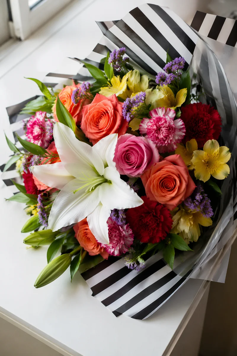 Colorful Fresh Bouquet on White Tabletop