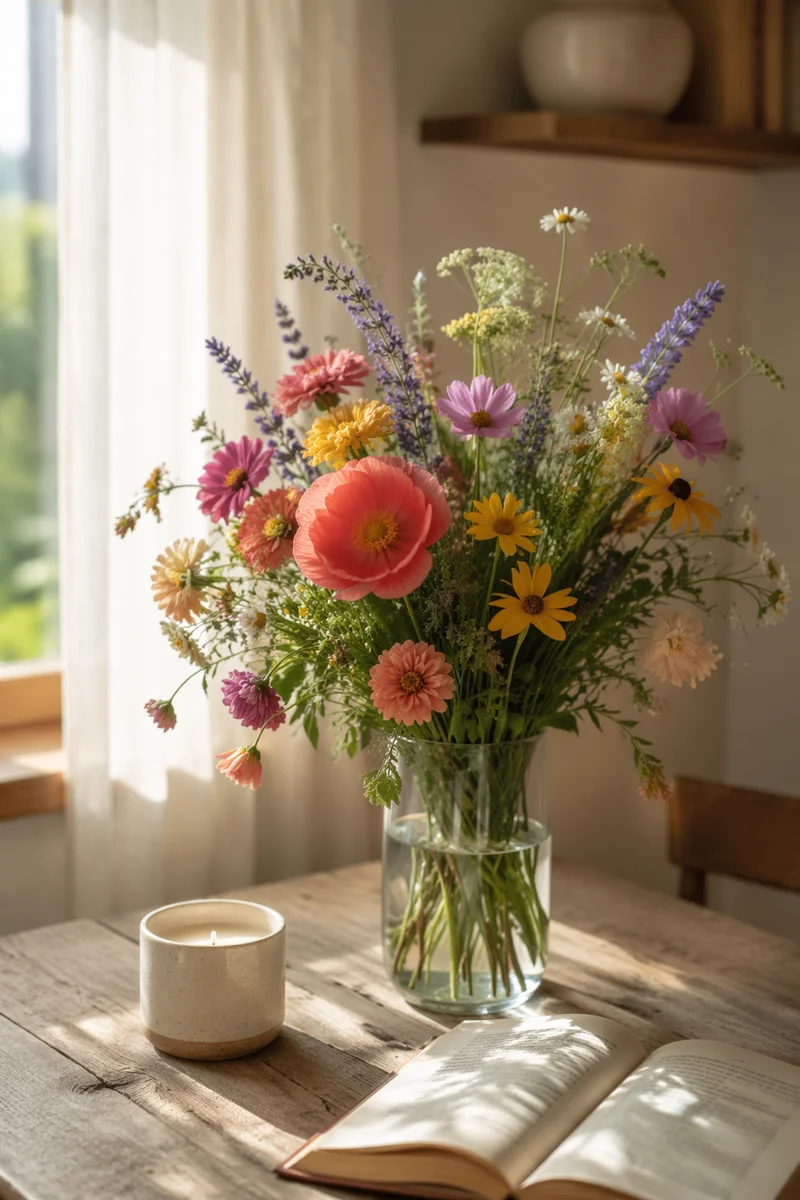 Sunlit Mixed Wildflower Bouquet in Cottage Room