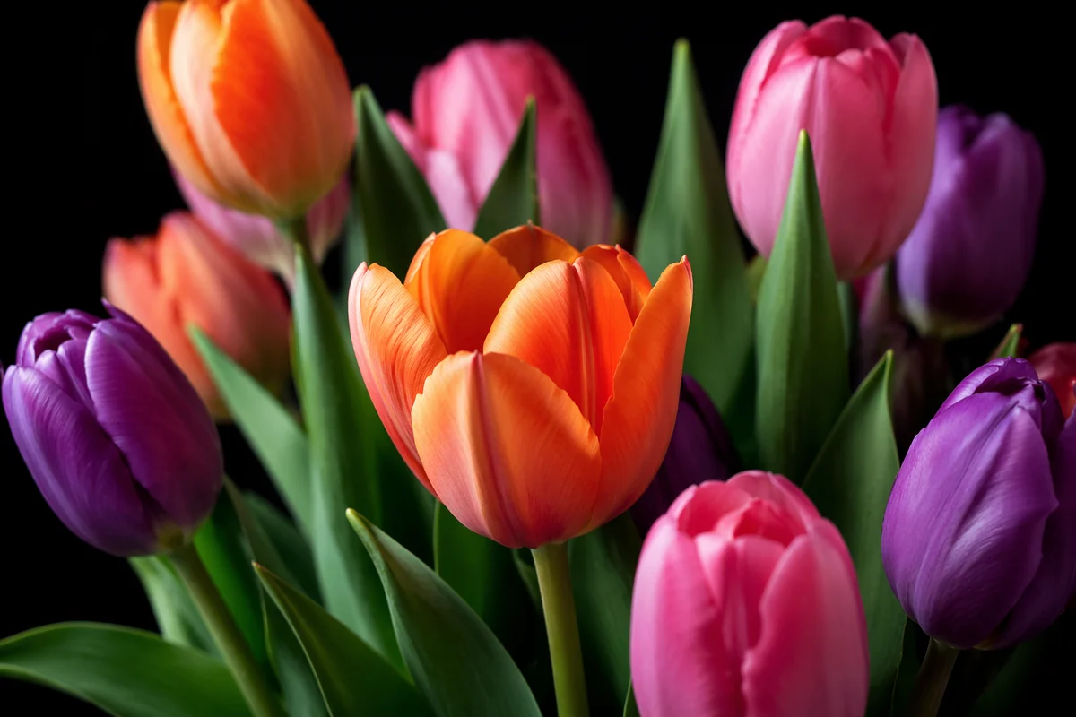 Vibrant Tulip Bouquet on Black Background