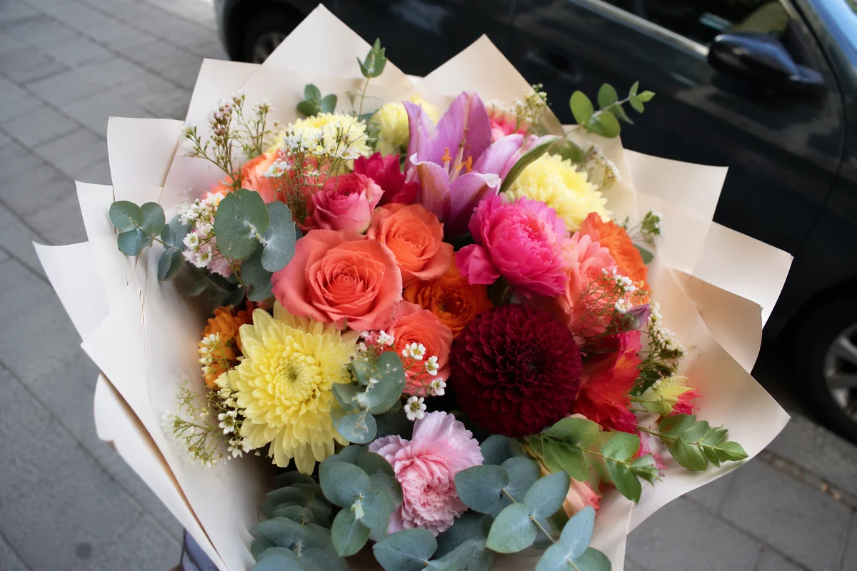 Colorful Fresh Flower Bouquet on Sidewalk