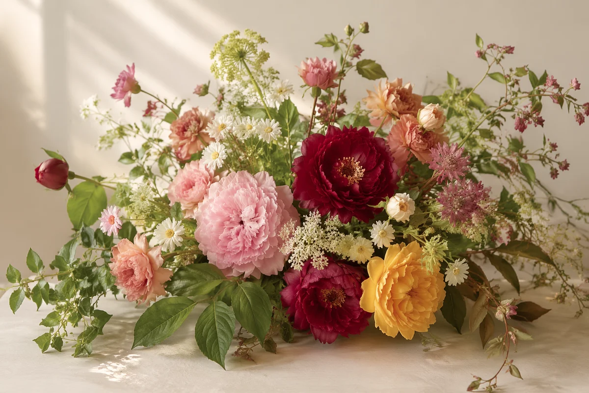 Fresh Colorful Bouquet on Cream Tabletop