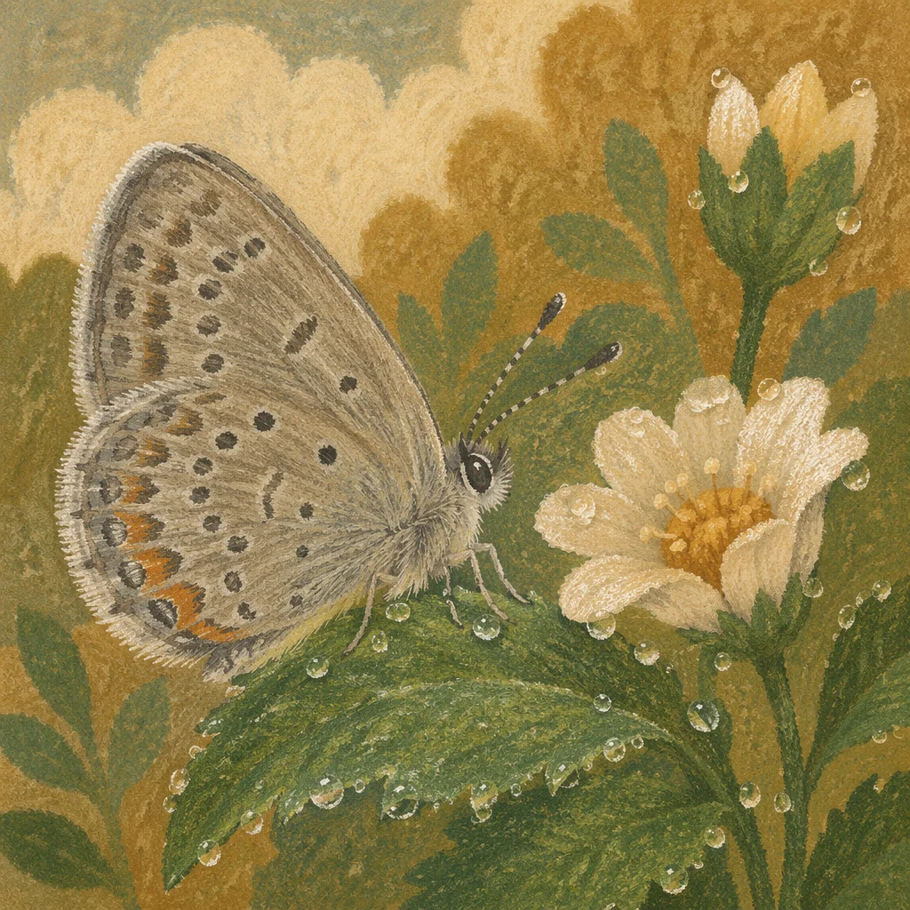 Macro Butterfly on Dewy Garden Flower