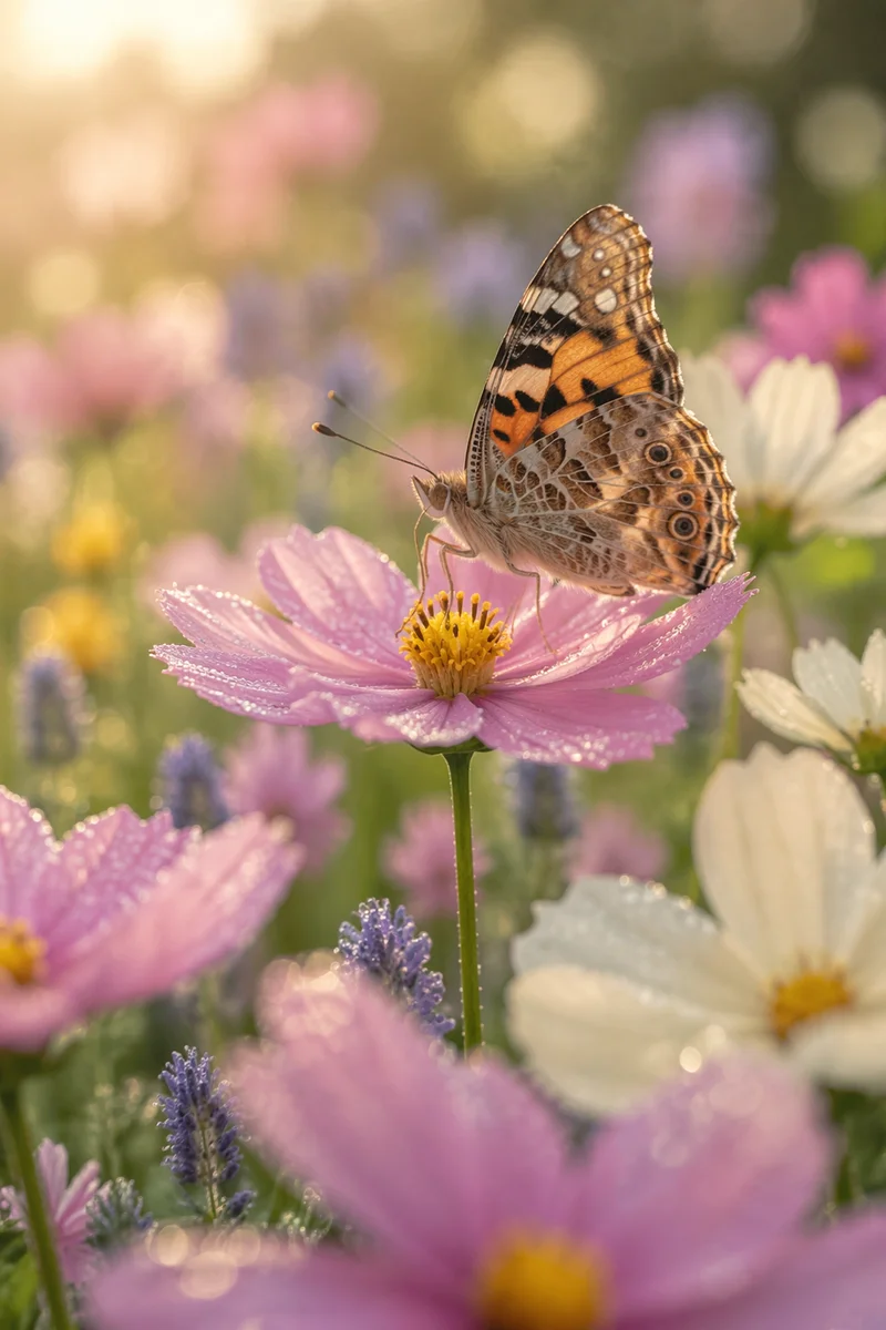 Butterfly on Cosmos Flower at Dawn