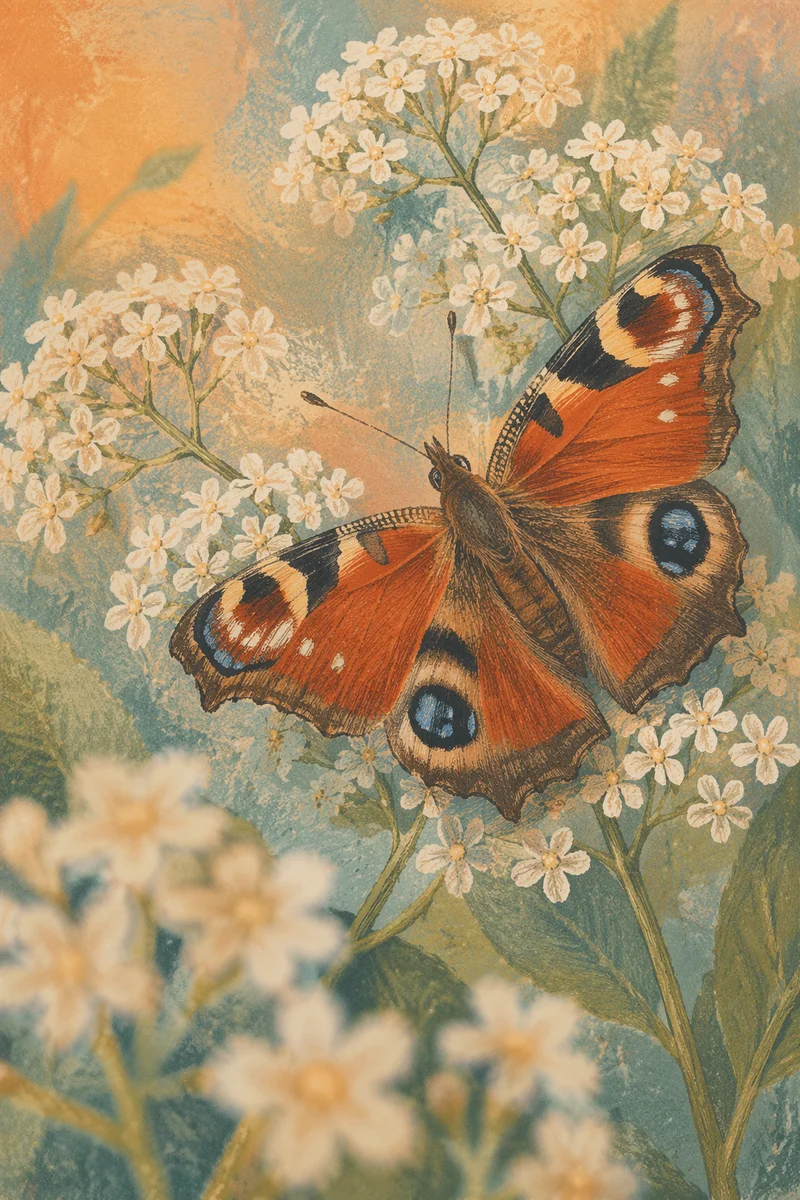 Colorful Butterfly on White Garden Blossoms