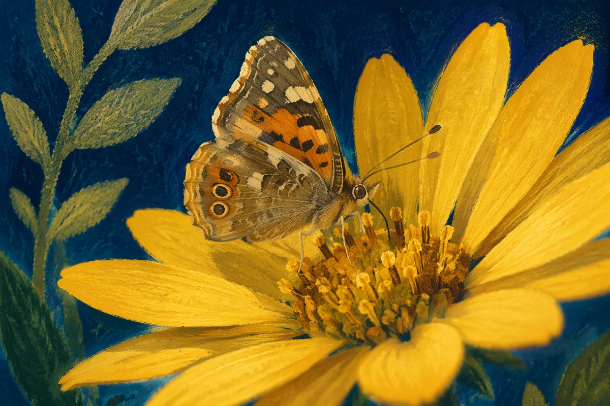Butterfly on Yellow Flower in Blue Bokeh