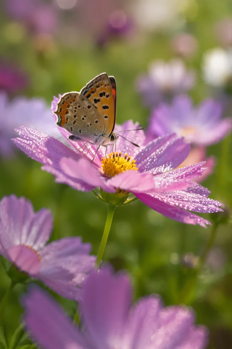 Butterfly on Dewy Cosmos Garden Macro