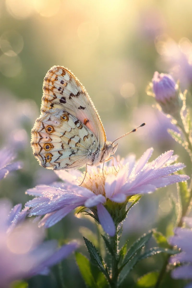 Dewy Butterfly on Sunrise Garden Flower