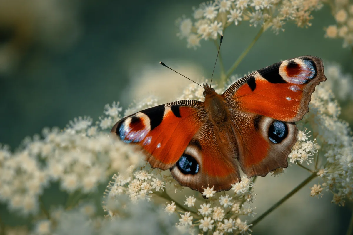 Colorful Butterfly on White Garden Blossoms