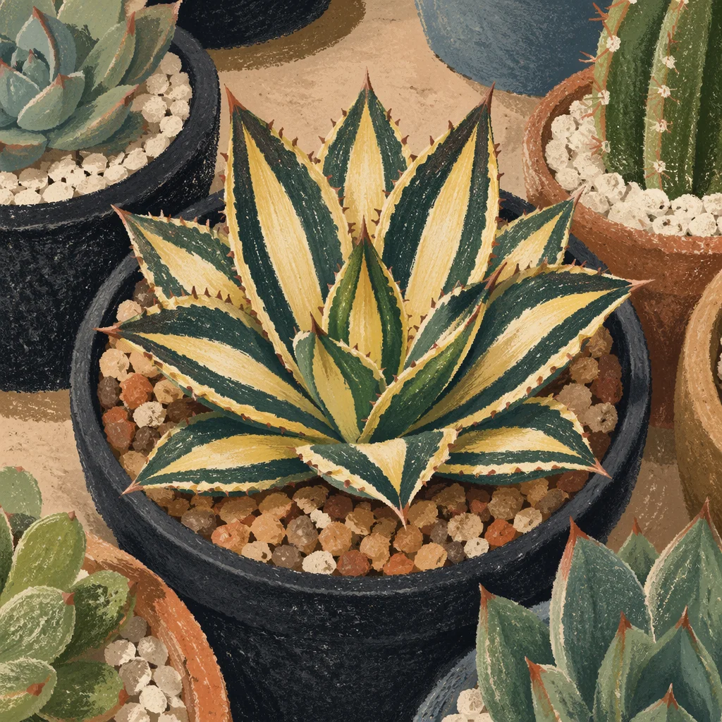 Potted Variegated Agave Succulent Close-Up