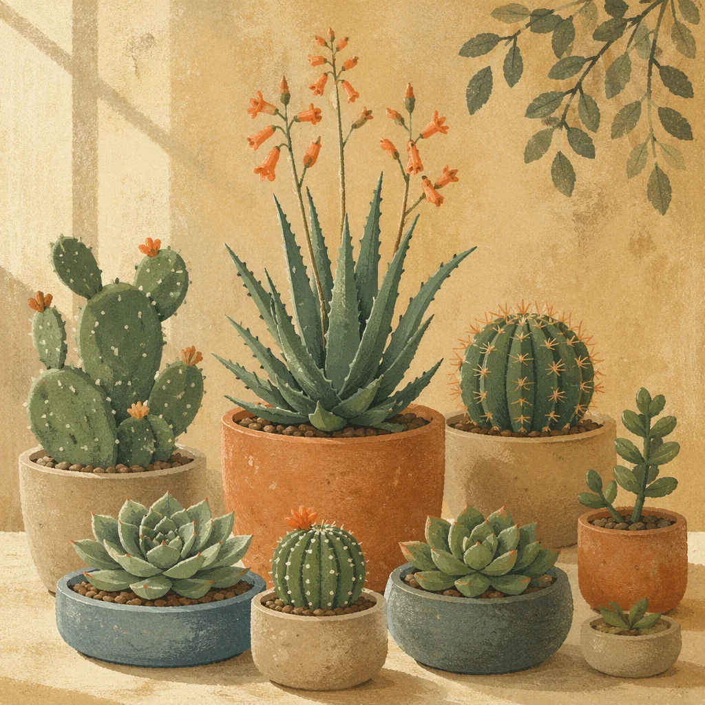 Potted Cactus Succulent Collection With Orange Flowers