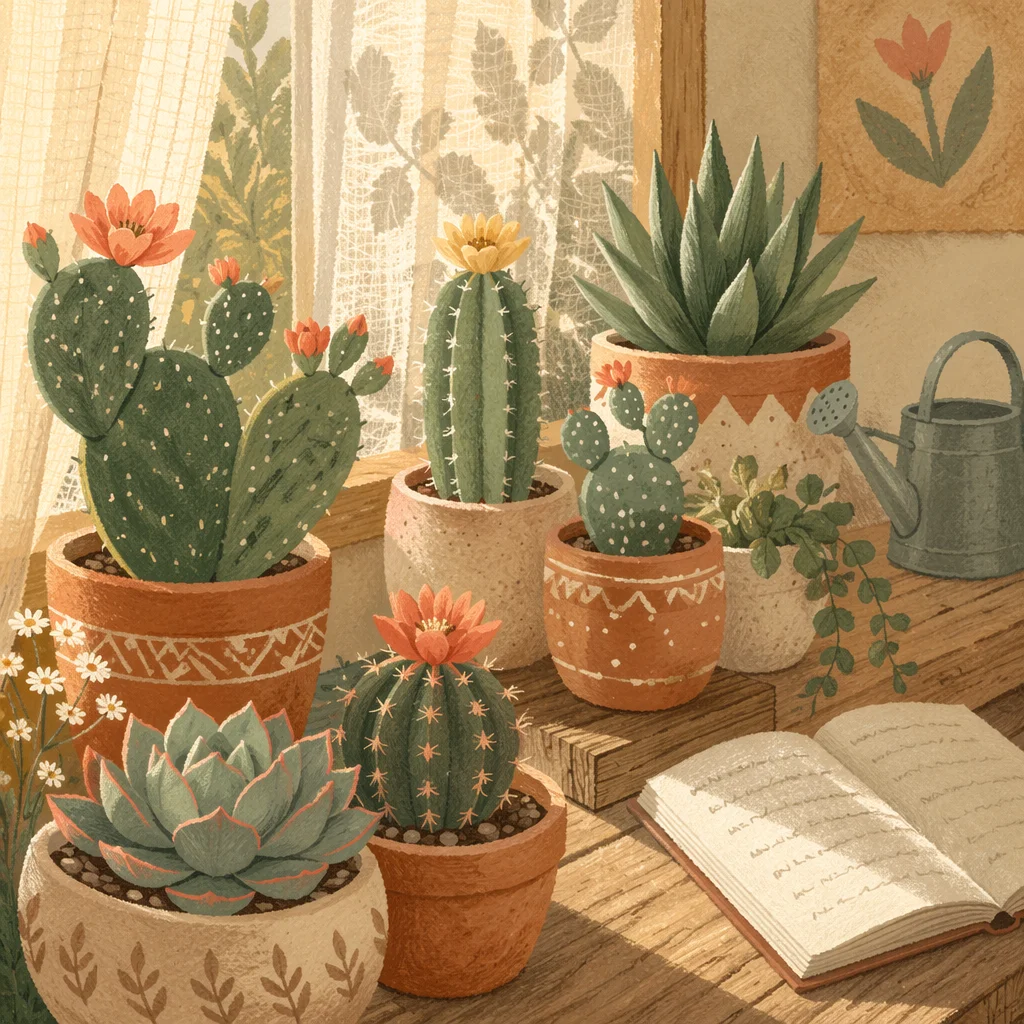 Sunlit Potted Cactus and Succulent Garden