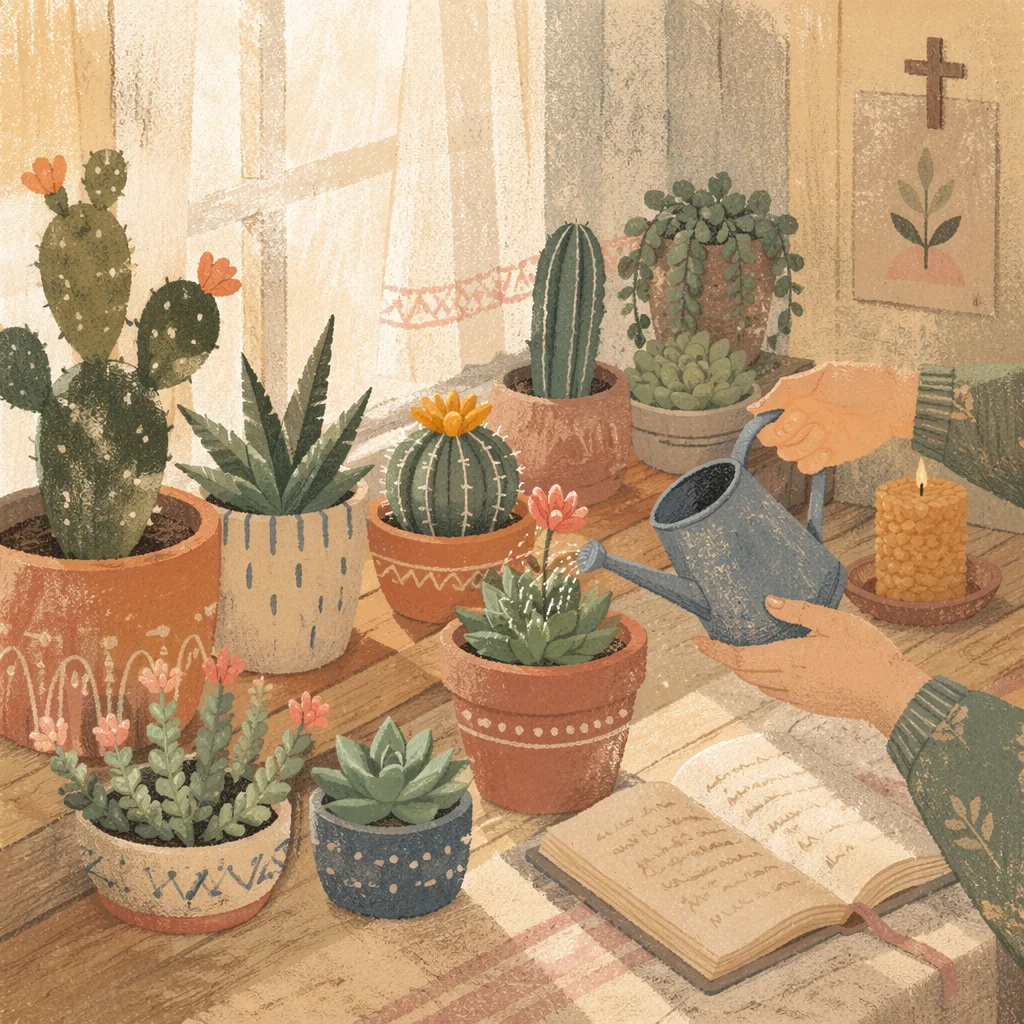 Sunlit Potted Cactus Prayer Corner