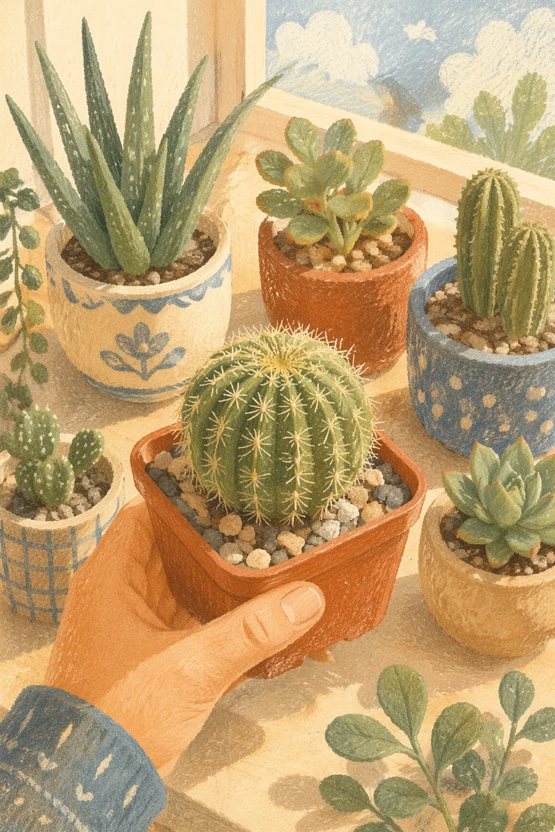 Sunlit Cactus and Succulent Windowsill Arrangement