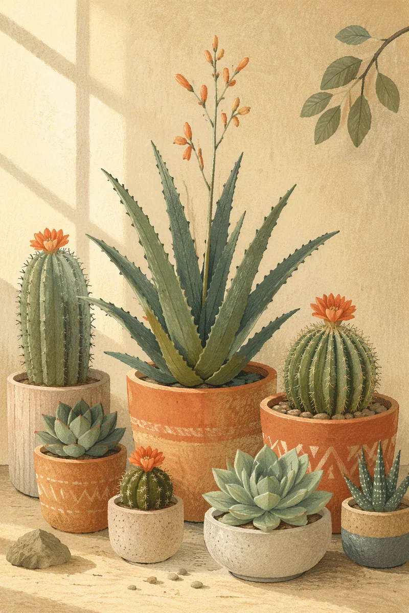 Potted Cactus Succulent Collection with Orange Flowers