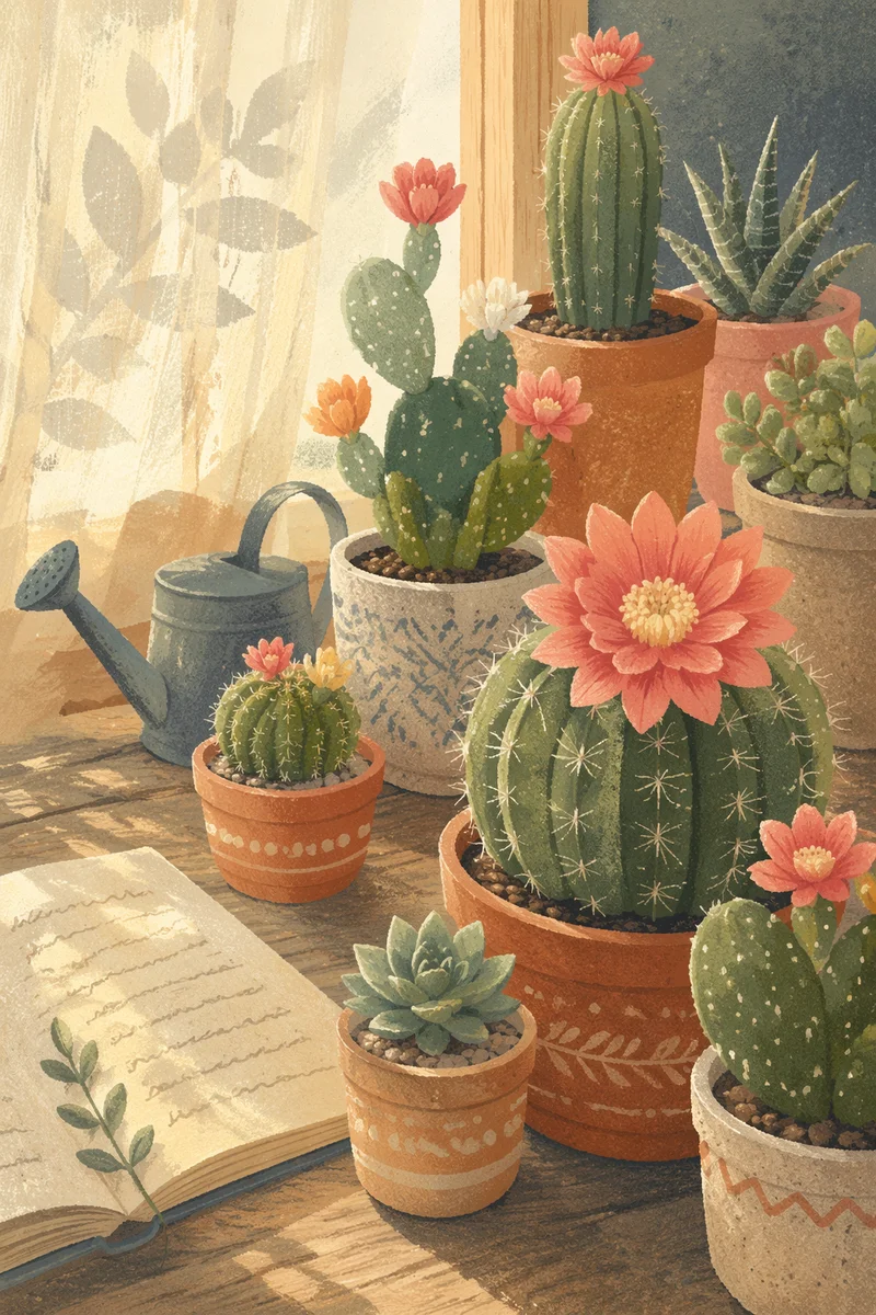 Sunlit Potted Cactus Succulent Garden