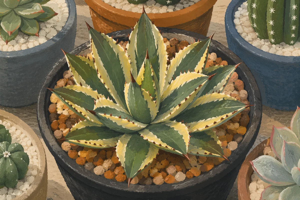 Potted Variegated Agave Succulent Close-Up