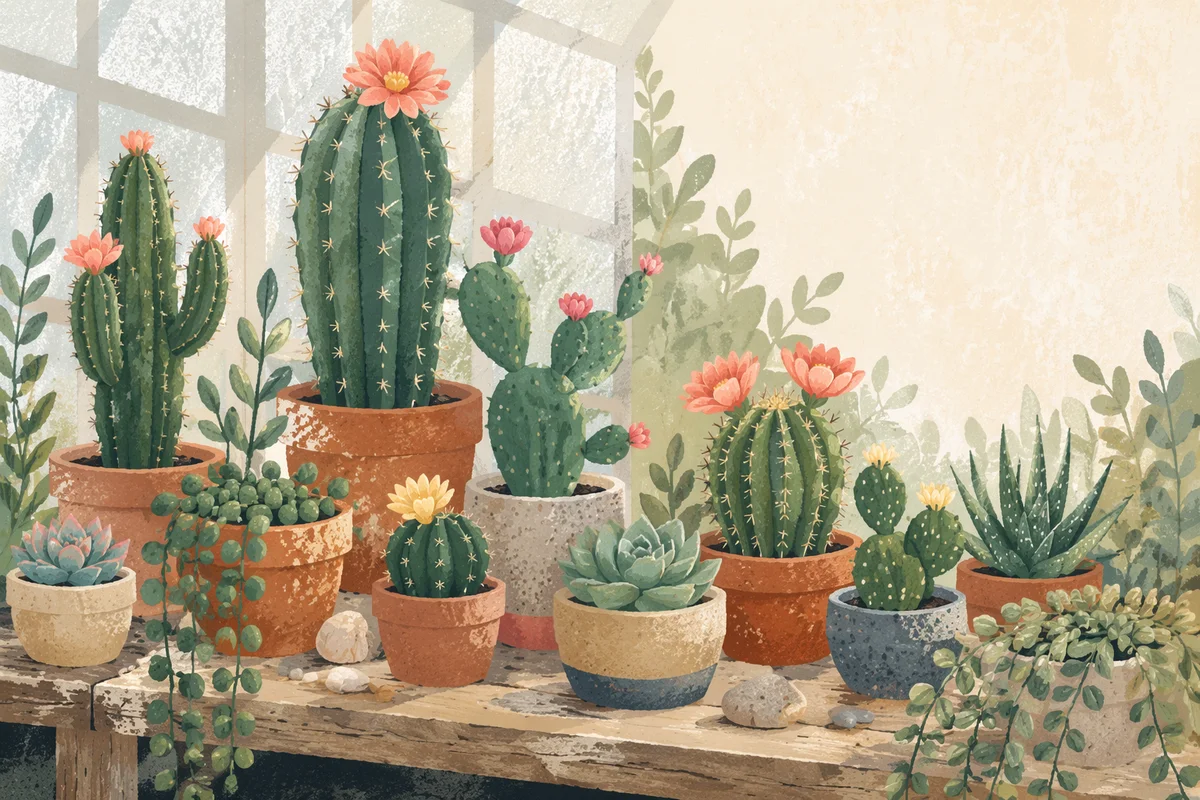 Sunlit Cactus and Succulent Bloom Display
