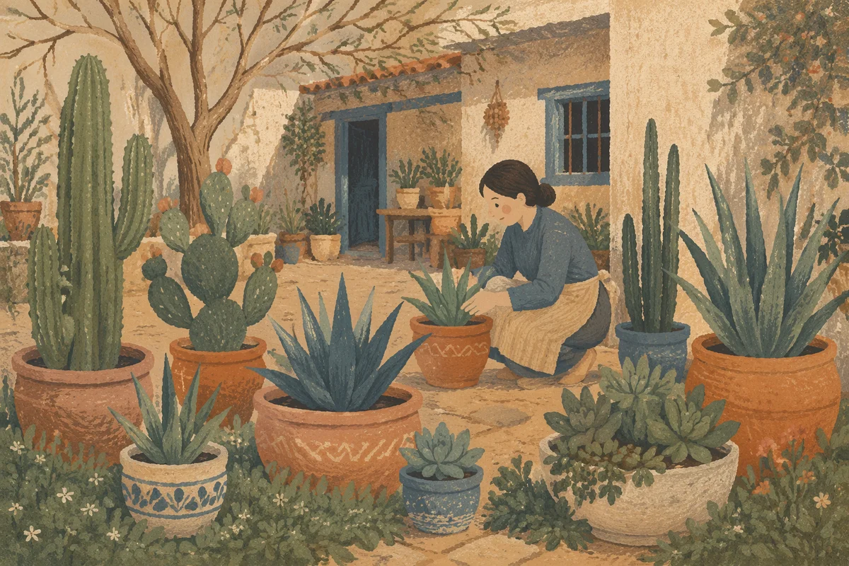 Potted Cacti and Succulents in Courtyard