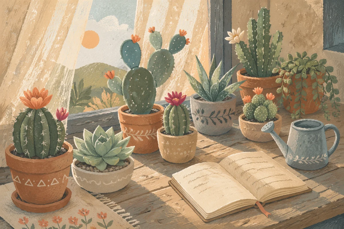 Potted Cactus and Succulent Windowsill Garden