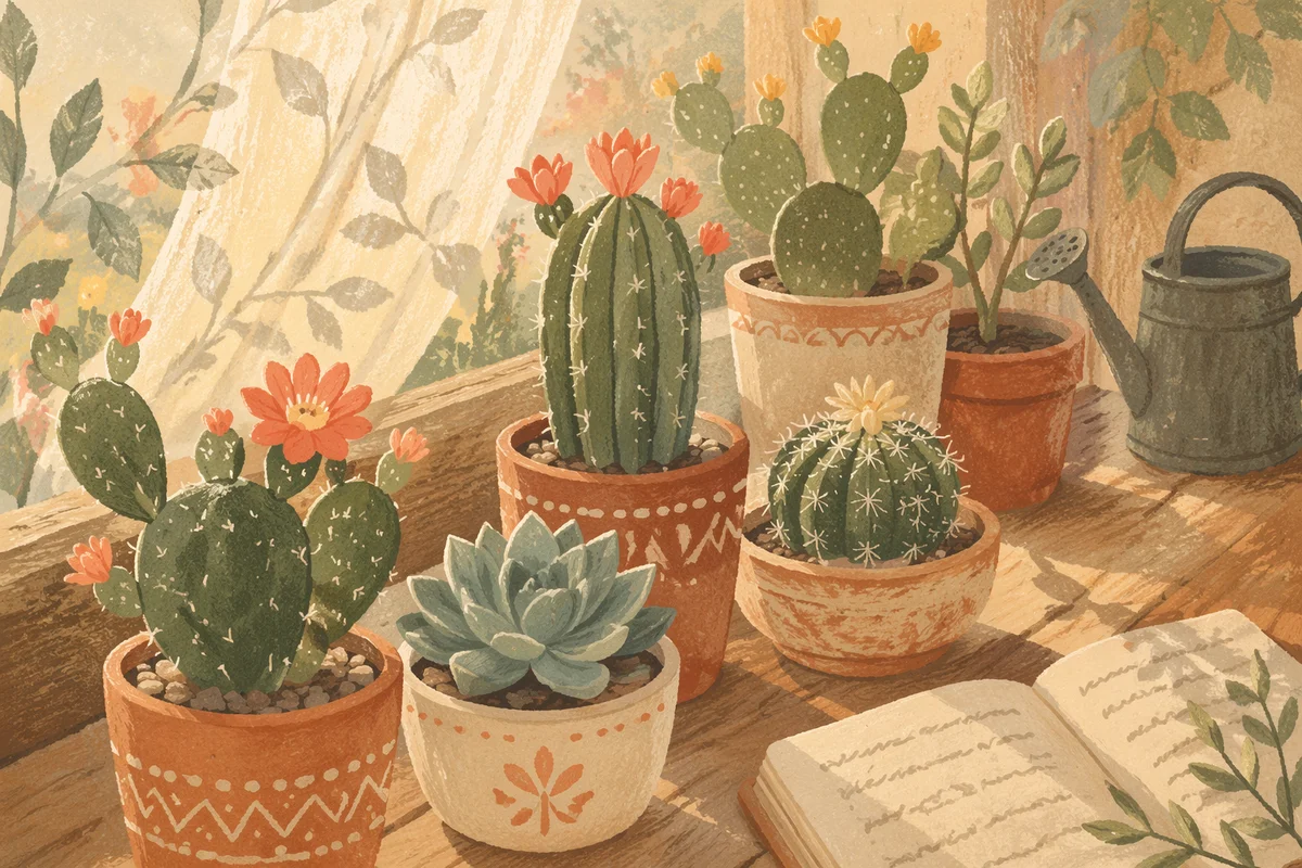 Sunlit Potted Cactus Succulent Garden
