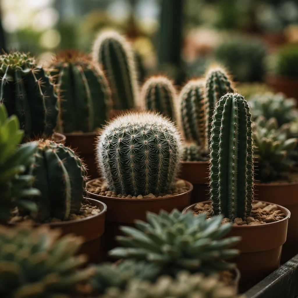 Potted Cactus and Succulent Greenhouse Close-Up