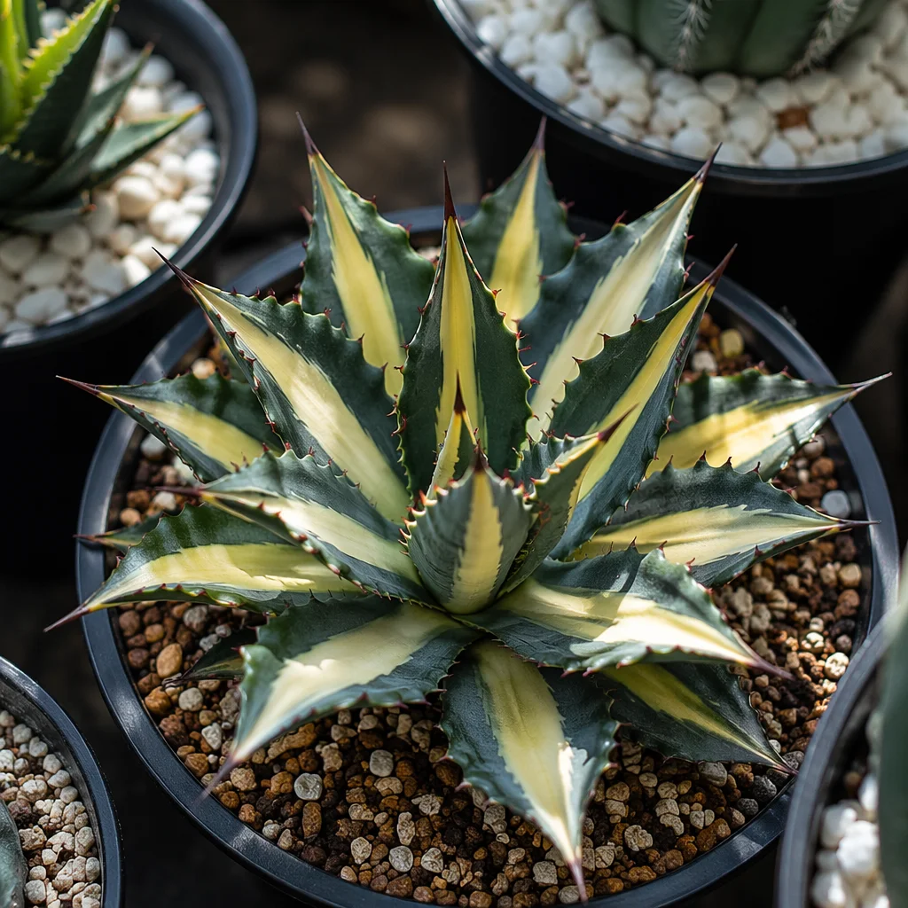 Variegated Agave Succulent in Black Pot