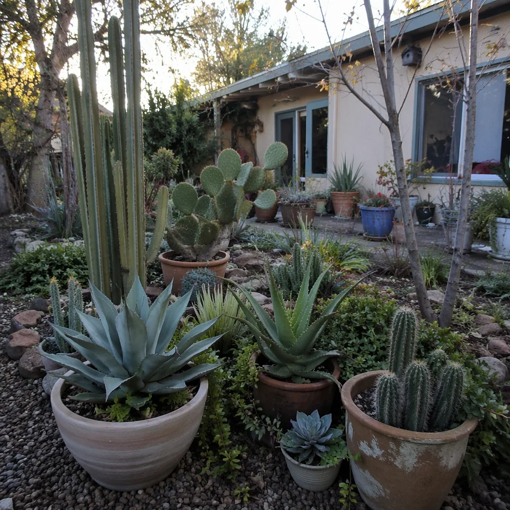 Potted Cacti and Succulents in Courtyard Garden