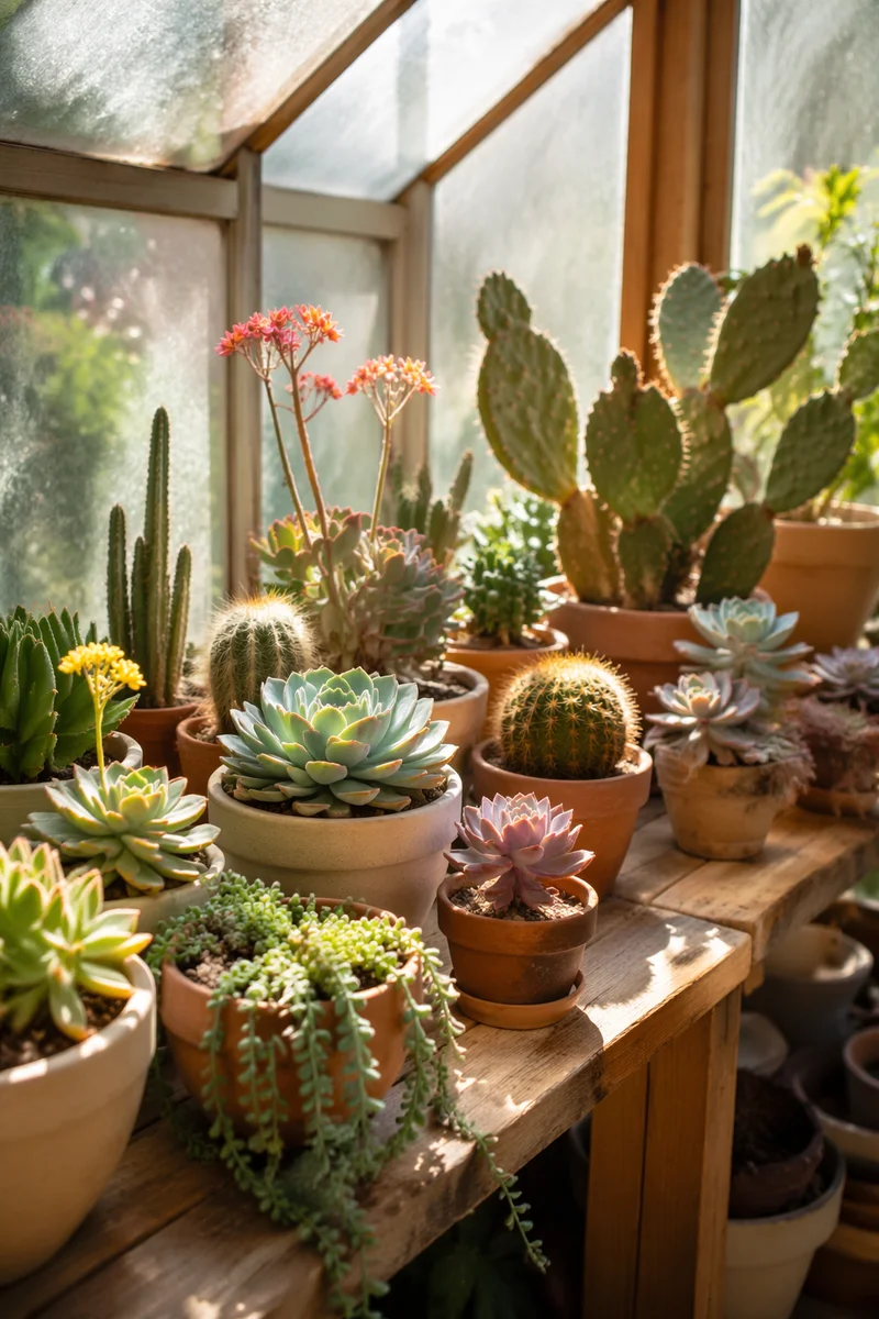 Sunlit Potted Cactus and Succulent Collection